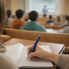 Student uses Ludo Retractable Pens to take notes during a lecture with classmates.