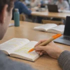 Person highlighting a book with Brandable Eco Pens Highlighter at a table with laptop and notebook.