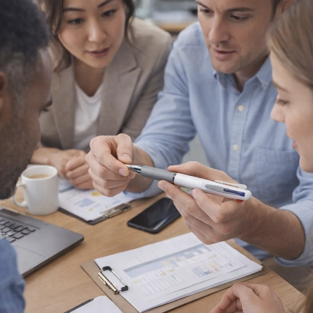 Four people discuss documents at a table, focusing on a Tribe Tri Colour Pen one holds.