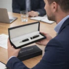 Man in suit with Oakley Finance pen in Inkpouch Pen Presentation Boxes at meeting table.