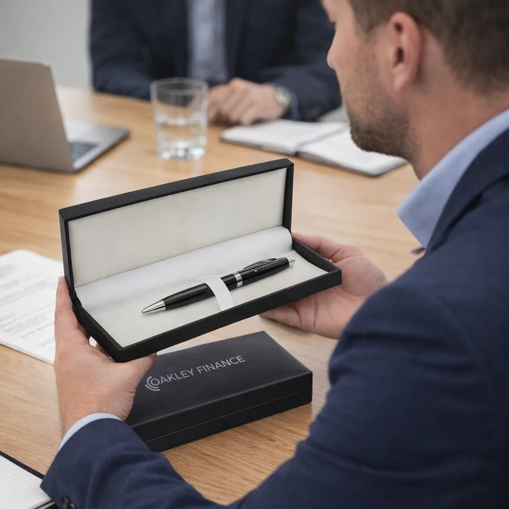 Man in suit with Oakley Finance pen in Inkpouch Pen Presentation Boxes at meeting table.