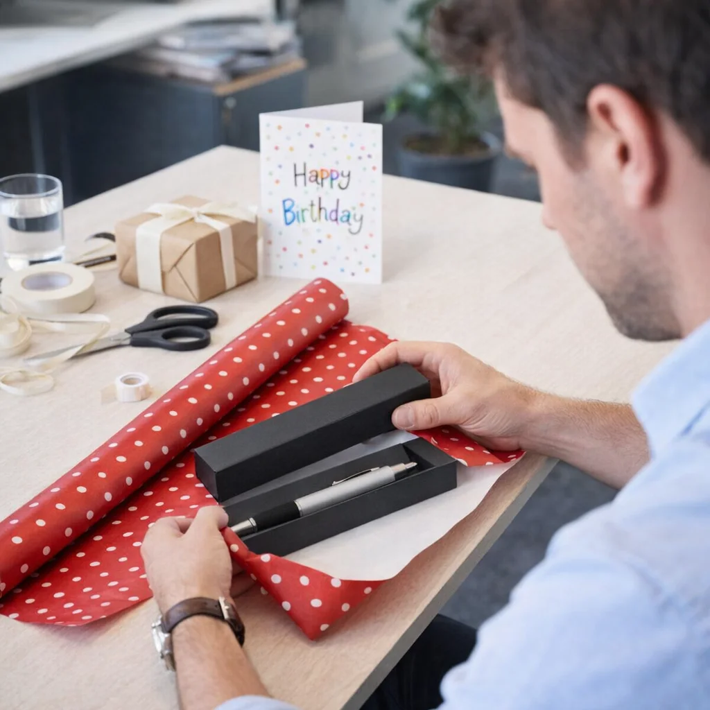 Man wraps gift with red polka dot paper in Axial Gift Boxes; greeting card in background.