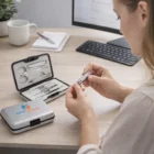 A woman uses Kavira Manicure Sets at her desk, with a keyboard and coffee cup nearby.