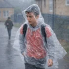 Teen boy in a Raftal Emergency Rain Coat walks in heavy rain with a backpack.