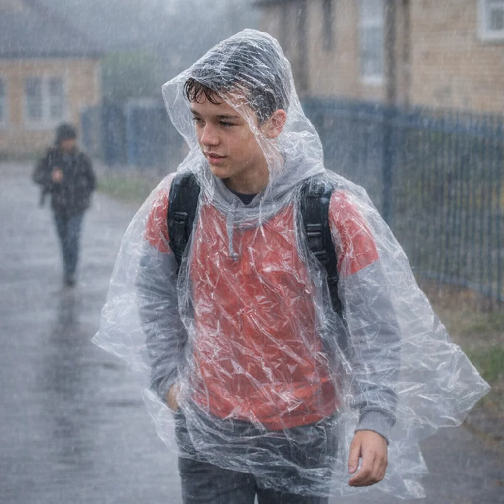 Teen boy in a Raftal Emergency Rain Coat walks in heavy rain with a backpack.