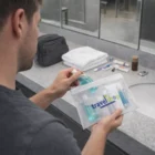 Person with a Delo Airline Carry On Bag by a bathroom sink with toiletries and bottles.