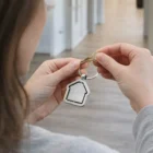 Hands holding House Metal Key Rings with a house-shaped keychain in a bright hallway.