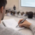 Student taking notes with an Estera Pen, lecturer blurred in the background.