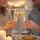 A couple toasts with Ocean Victory Champagne Flutes at a romantic, candlelit dinner.
