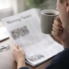 Person holding a 330Ml Colourful Stoneware Mug and reading the Morning News at a table.