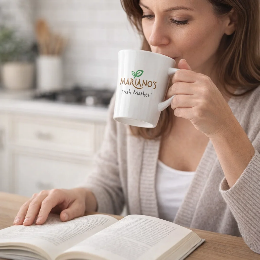 Woman enjoys tea in a Dual Colour Tulip Mug while reading at her kitchen table.