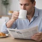 Man enjoys coffee from a Personalised Glass Coffee Mug while reading the paper with a croissant.