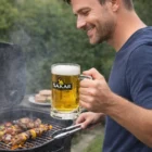 Man grills kebabs outdoors, smiling with a Beer Mugs 400Ml in hand.