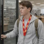 A young man in a gray hoodie enters the library wearing Full Colour Printed Lanyards.