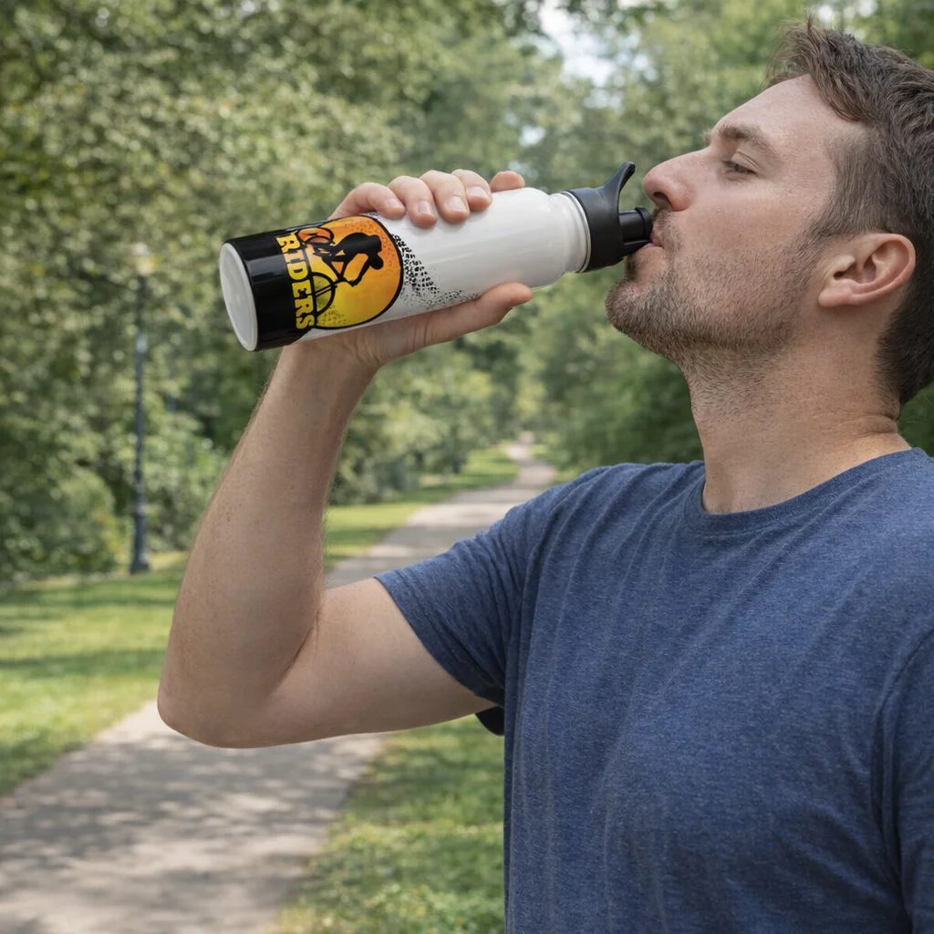 Man in blue shirt drinks from a Steel Moby Drink Bottle on a path in a green park.