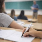 Student writing notes with Delta Pens as teacher stands by chalkboard in classroom.