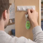 Someone hangs keys with a Lumi Key Rings keychain on a wall hook indoors.