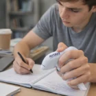 Teen writing in notebook while holding an Airplane Stressballs toy in one hand.