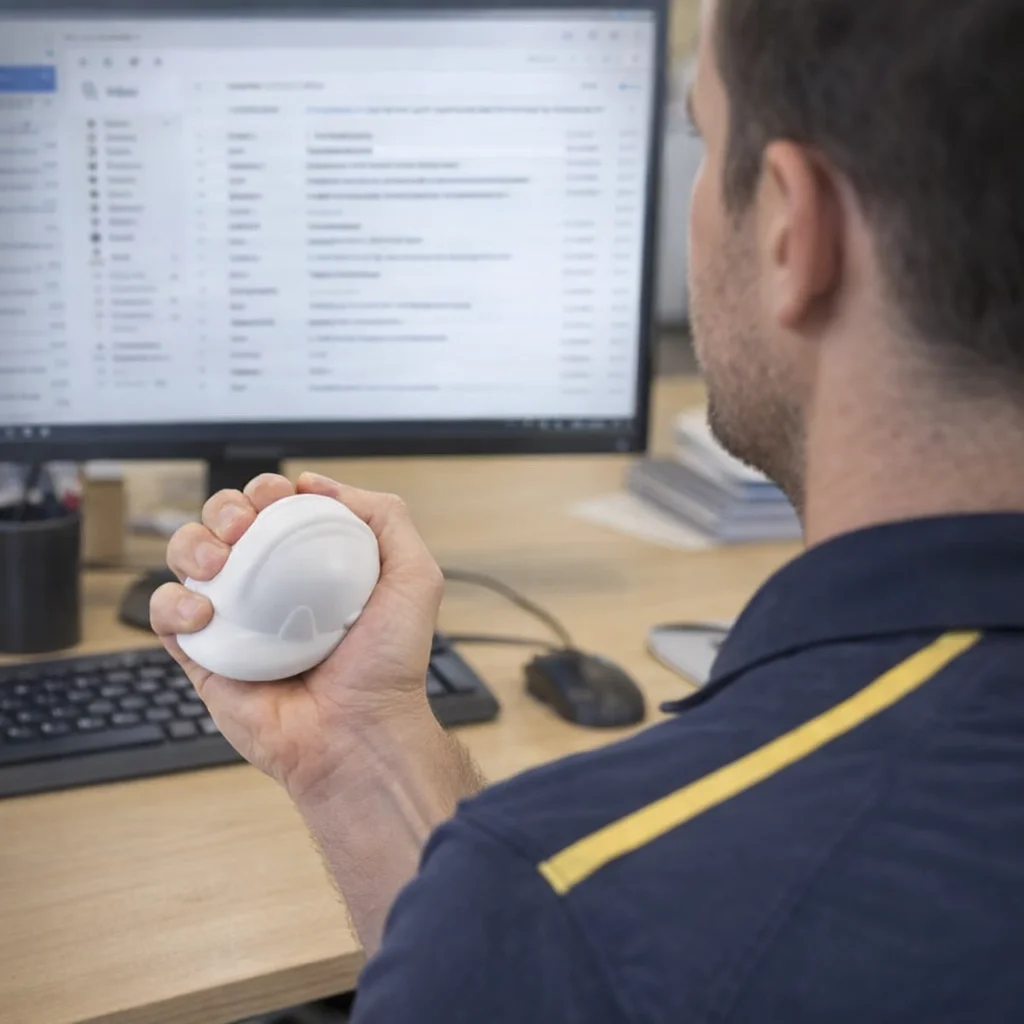 Man using a vertical mouse at his desk wears a shirt with the Stress Hard Hats logo.