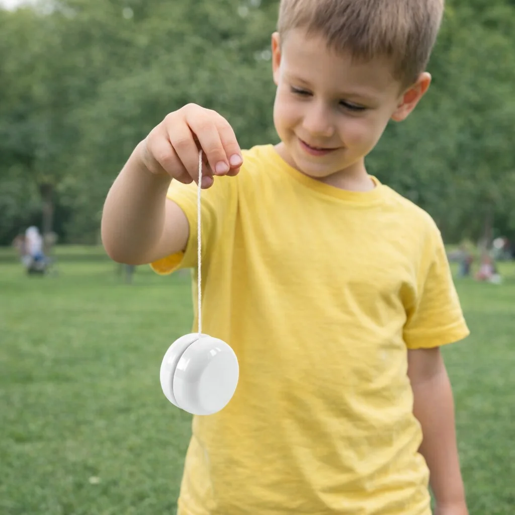Smiling boy in yellow shirt playing with Promotional Cheap Yoyo Toys in a park.