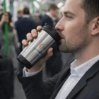 Man with Gift Boxed Coffee Cups enjoys coffee on crowded subway, mug is elegantly packaged.