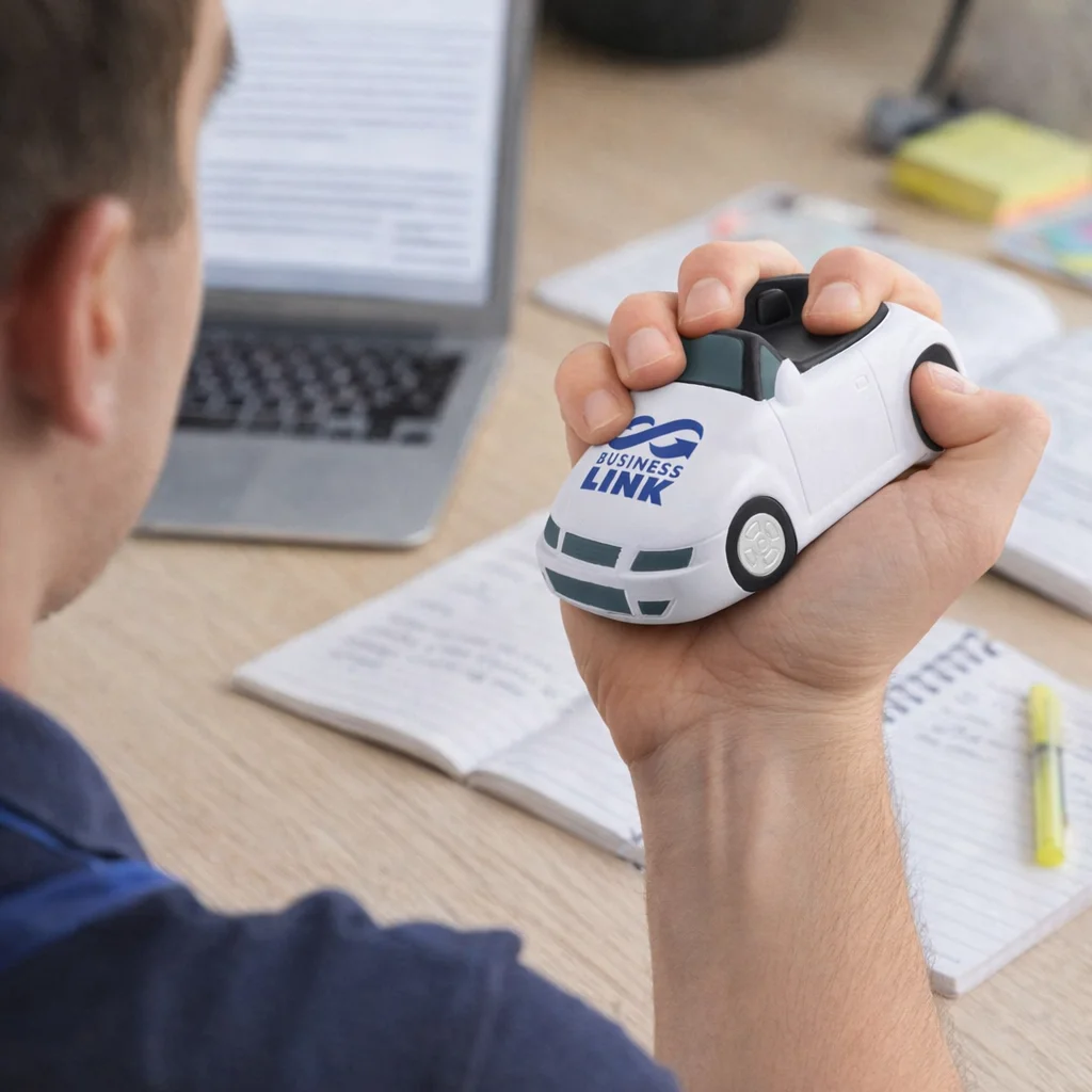 Person uses the Stressballs Vehicle for stress relief at a desk with laptop and notebooks.
