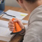 Person holding a Blox Road Cone Stress Ball above an open book on a desk.