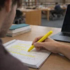 Someone uses Wax Based Highlighters to mark notes in a notebook at the library desk.