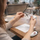 Person cleaning glasses with Microfibre Cloth Keychains at a café, coffee and keys nearby.