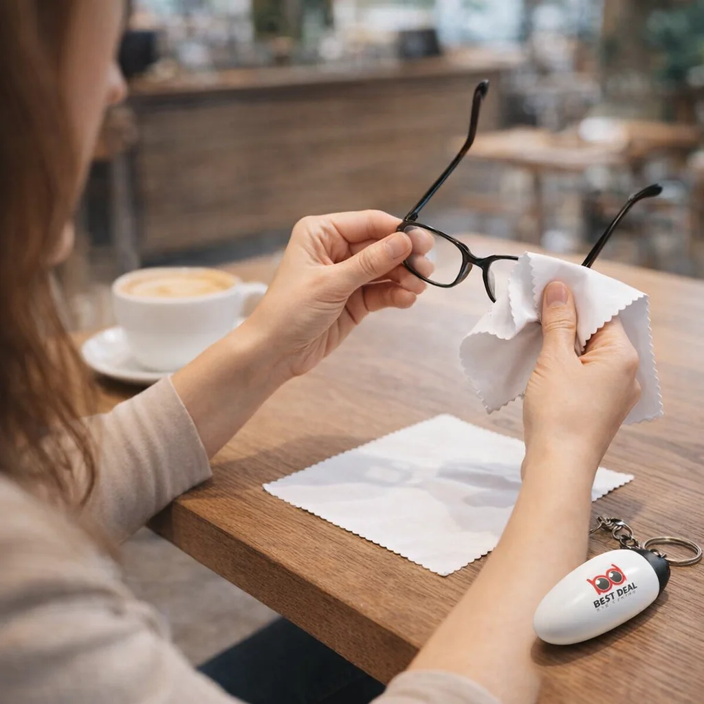 Person cleaning glasses with Microfibre Cloth Keychains at a café, coffee and keys nearby.
