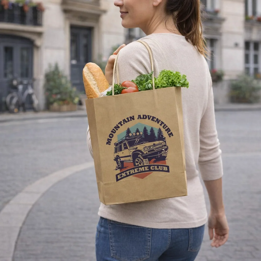 Woman with Vex Paper Carry Bags Medium of veggies and bread, walking on a city street.