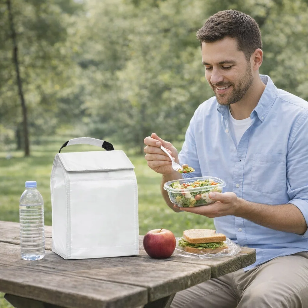 Man eating salad at a picnic table with a Nomad Solo Cooler Bag, sandwich, apple, and water.