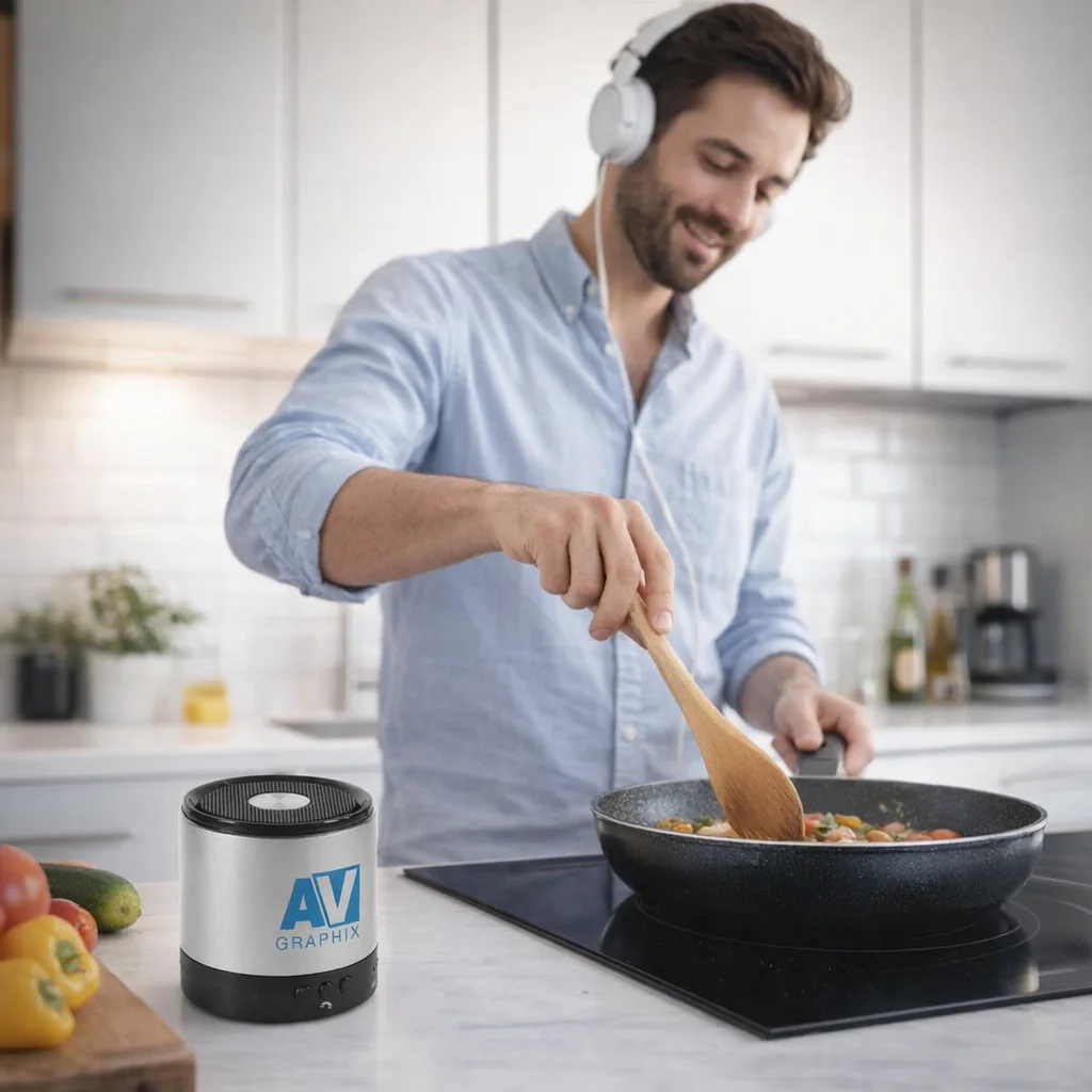 Man cooking with headphones, Audiohub Bluetooth Speakers on the kitchen counter nearby.