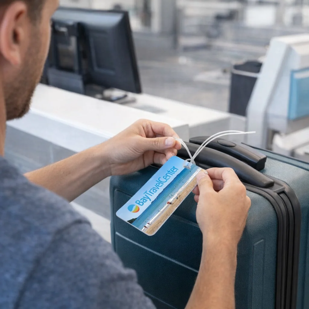 Man attaching a Zibee Luggage Tag to a teal suitcase at an airport check-in counter.