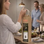 Woman brings a Verna Jute Wine Carrier to a dinner party with two smiling guests.