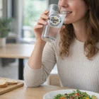 A woman smiles while drinking water from Glass Tumblers at a table with salad and bread.