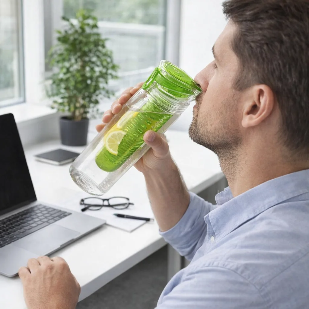 Man uses a Fruit Infuser Water Bottle to drink lemon water while working at his laptop.