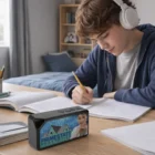 Teen boy writes in notebook, digital display beside Full Colour Printed Bluetooth Speakers.