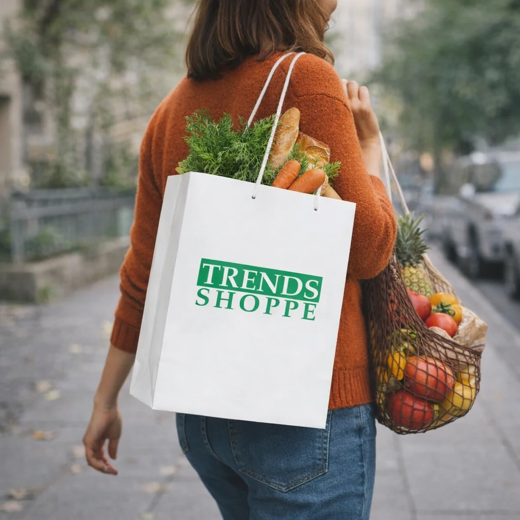 Woman carrying Large Printable Laminate Bags and a mesh bag of fruit on a city sidewalk.