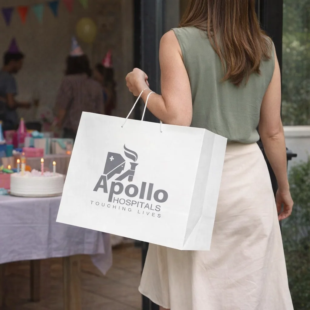 Woman with Super Size Store Gift Bags at a party with cake and decorations.