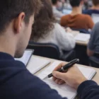 Student taking notes with Inkyleaf Ball Pens among classmates writing or typing nearby.