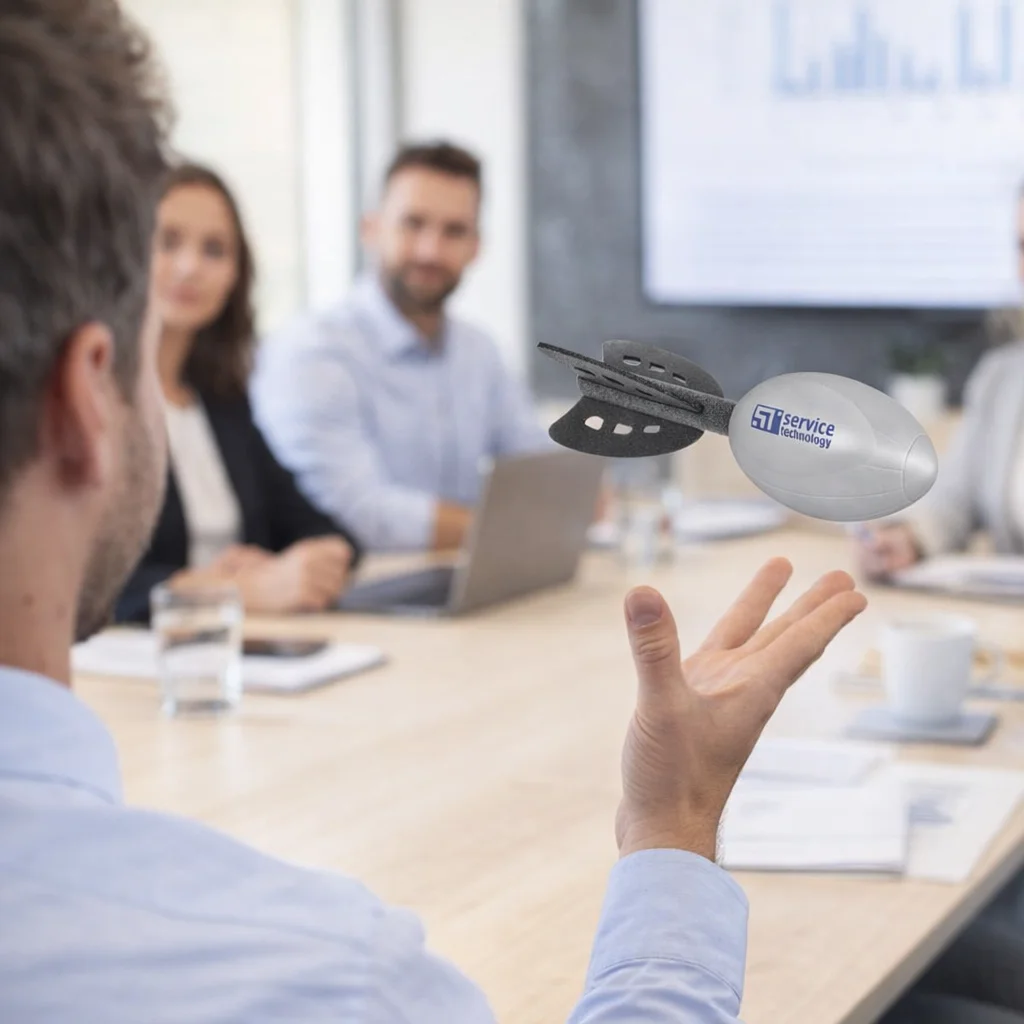 A man tosses a Throwable Dart Stress Toy in a meeting room with three colleagues watching.