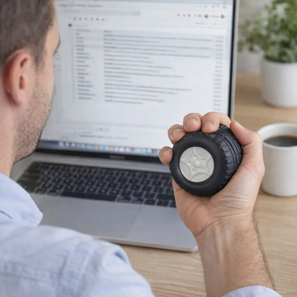Man squeezing a Tyre Stress Toy while checking emails on his laptop for stress relief.