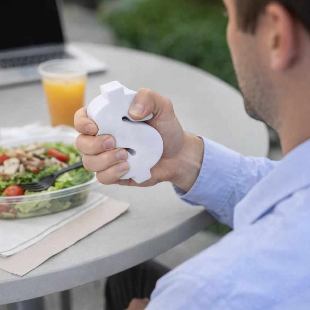 Man squeezing White Dollar Signs at a table with salad and orange juice.