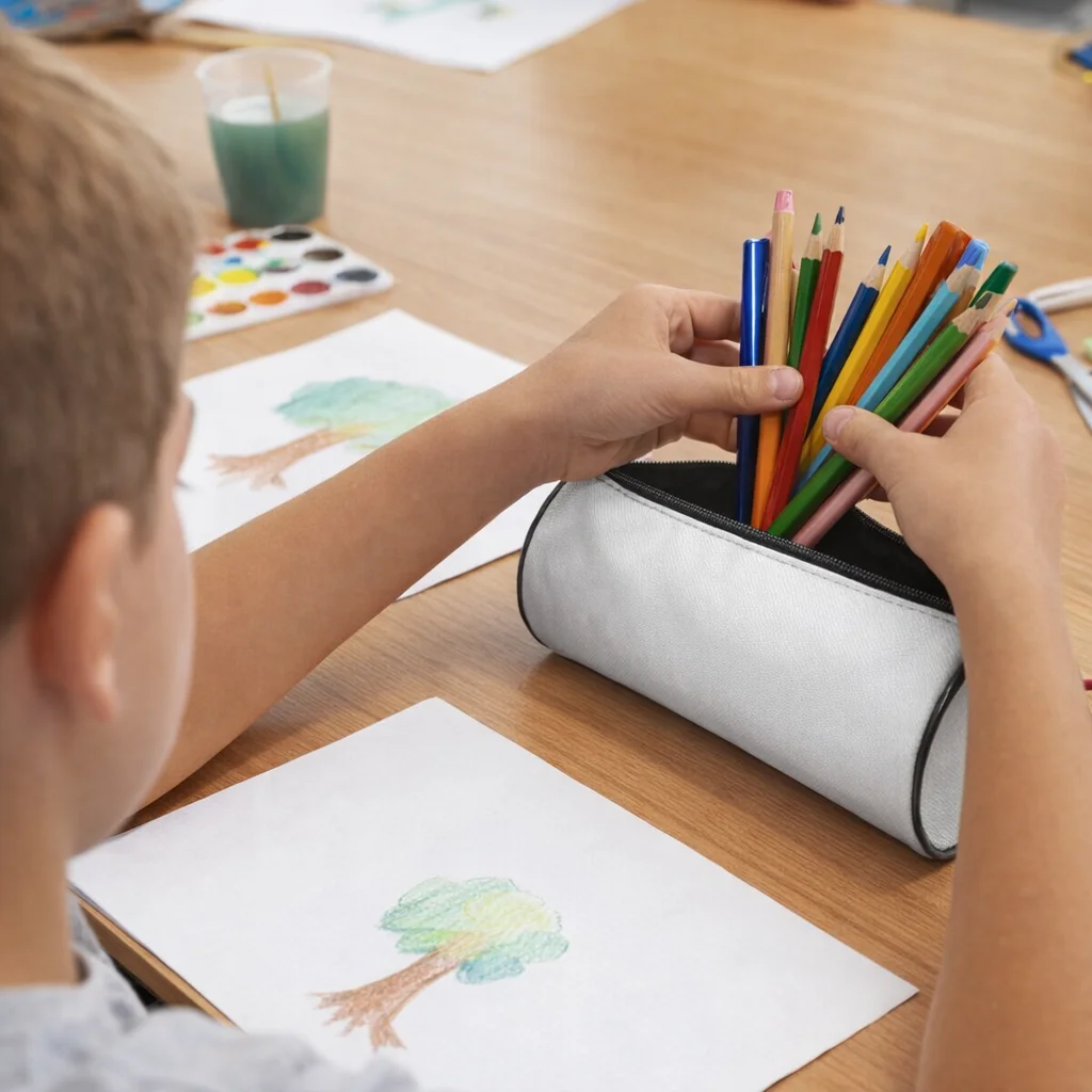 Child picks colored pencils from Orinda Logo Printed Pencil Cases while drawing at a desk.