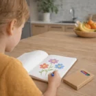 Child draws vibrant flowers with Manhattan Kids Custom Crayon Sets at the kitchen table.