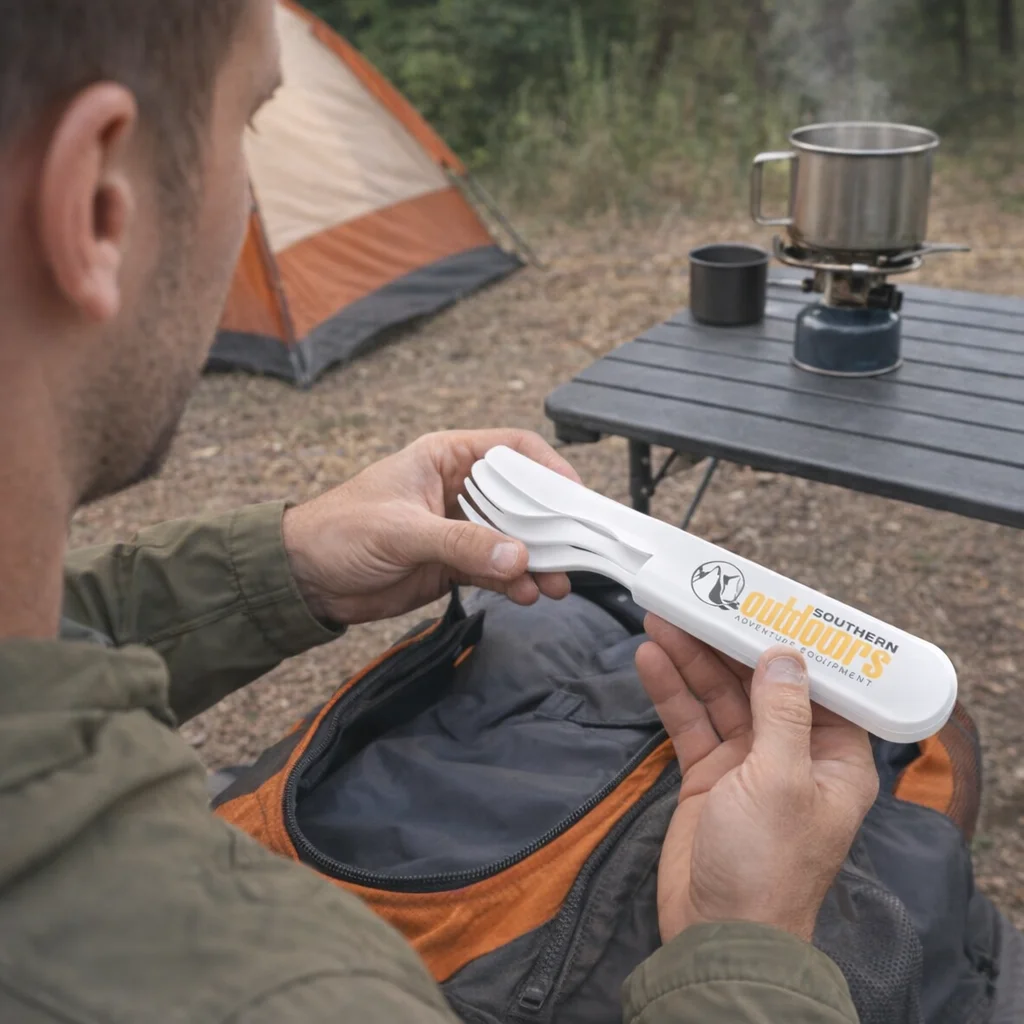 Camper holding Outdoorsman Printed Cutlery Sets at a campsite with tent and cooking gear.