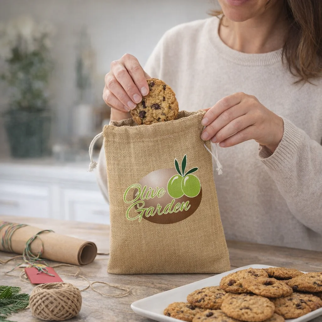 Woman puts a cookie into a Sari Jute Gift Bags Medium by a plate of cookies.