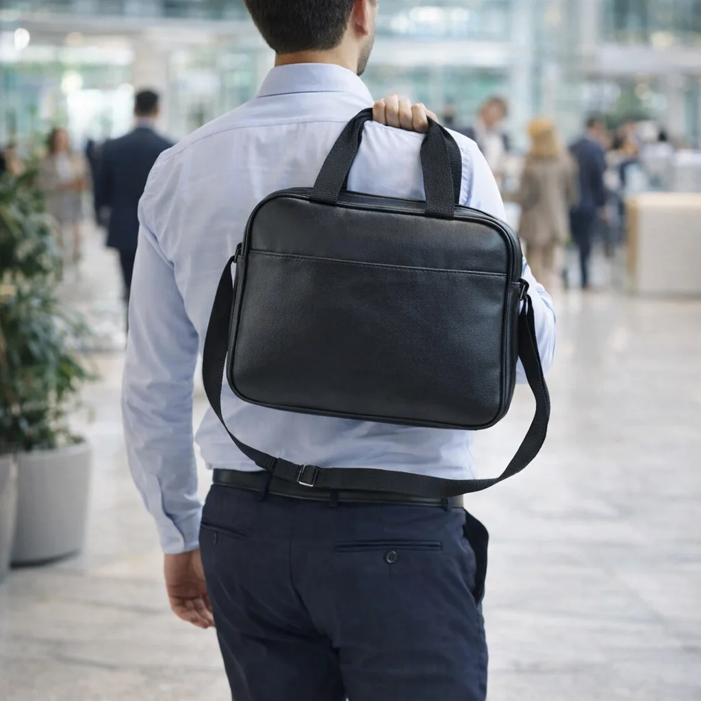 Man in business attire with a Poly Leather Corporate Laptop Bag in a modern office lobby.