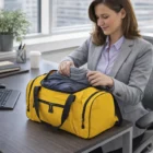 Woman in a suit packs clothes into a Large Polyester Duffle Bag on an office desk.